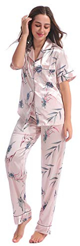 GOSO Schlafanzug Damen Pyjamas Set-Satin Pyjama Damen Button Down Pjs Kurzarm Top und Hosen Nachtwäsche Lady Nightwear Soft Sets