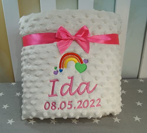 Generisch Babydecke mit Namen und Motiv Bestickt Minky Baumwolle Füllung personalisiert (Ecru - Regenbogen, 75 x 100 cm)