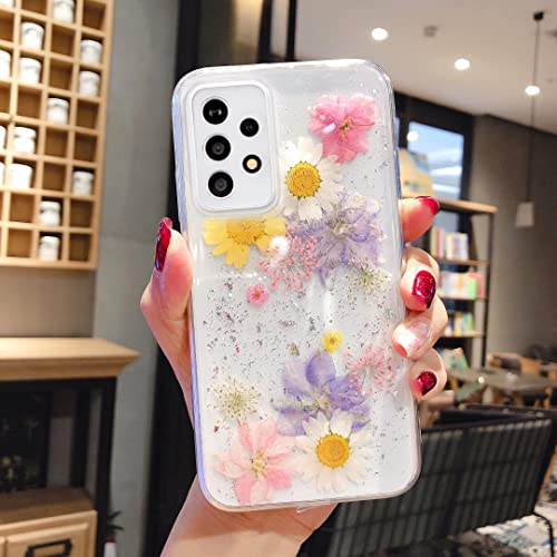 EYZUTAK Getrocknete Blumen Hülle für Samsung Galaxy A52 4G 5G/A52S 5G, Weiche Schlanke TPU Klar Funkeln Sterne Glitzer Silikon Gel Stoßfeste Blume Schutztasche-Blaue Rosa