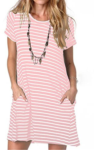 Ancapelion Women's Casual Pink Striped T Shirt Dresses Short Sleeve Loose Mini Tunic Dress for Women Large