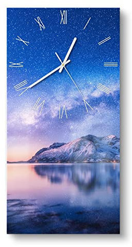 DEQORI Glasuhr | horizontal 30x60 cm | Motiv Galaxis über Fjord | große XXL Design Uhr aus Glas | leise Wanduhr für Wohnzimmer & Küche | Moderne Hingucker Uhr für die Wand