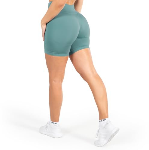 SMILODOX Sport Shorts Damen Amaze Pro, Seamless Blickdichte Radlerhose, Unsichtbarer Scrunch-Effekt, V-Shape High Waist Kurze Sporthose Biker Shorts Yoga Fitness Gym, Größe:XL, Color:Grün