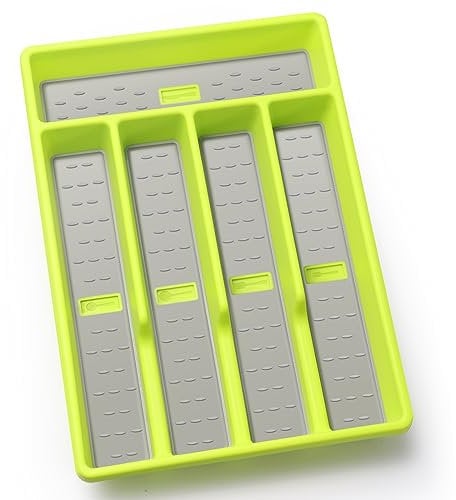 Joequality Silverware Organizer with Icons,Plastic Cutlery silverware Tray for Drawer,Utensil Flatware Tableware Organizer for Kitchen with Non-slip TPR,Fits Standard Drawer,5-Compartment,Green
