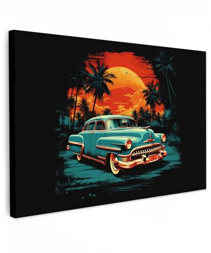MuchoWow© Bild auf Leinwand Groß XXL Schlafzimmer Bilder Wand Deko | 120x80 cm - Wohnzimmer Modern Wanddeko Bilderwand Geschenk Retro - Auto - Sonne - Bäume - Palmen