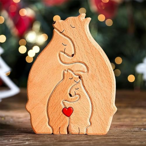 Personalisiertes Holzkunstpuzzle der Katzenfamilie, Holz Bär Skulpturen Desktop Tischdekoration Haus Dekor Ornament, Personalisierte Geschenke für Familie,Mama,Papa (B)