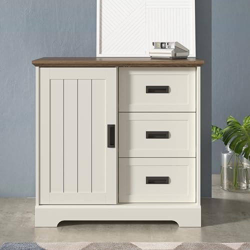 Galano Edison 1 Sliding Door 3 Drawer Sideboard - Cabinet Storage Organizer for Your Home - Space Saving Storage Sideboard - Adjustable Shelves (Ivory/Oak)