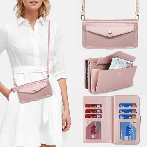 Zouzt for iPhone 11 Wallet Case for Women, Purse with Credit Card Holder Slots Crossbody Lanyard Strap Flip Folio Book Shockproof Protective Cover for Apple iPhone 11 6.1 Inch (Pink)