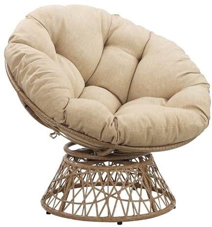 OSP Home Furnishings Wicker Papasan Chair with 360-Degree Swivel, Natural Frame with Cream Cushion