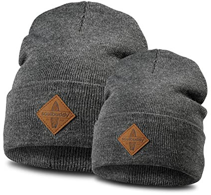 Soulbuddy Beanie - 2er Set Anthrazit | Partnerlook-Set | 1 Herren oder Damen Wintermütze (One Size - 54-62 cm) und 1 Kinder Strickmütze (Größe S - 40-45 cm)