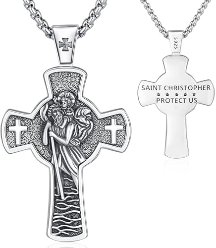 St. Christophorus Halskette 925 Sterling Silber Christophorus Kreuz Anhänger, Religiöse Halsketten Amulett Schmuck Geschenke für Damen und Herren