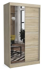 Brent - Kleiderschrank mit Spiegel Tom, 120cm Breit, Schlafzimmerschrank mit 1 Kleiderstange und Einlegeböden für Kleidung, Kleiderschrank Sonoma Eiche