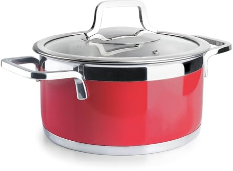 Lacor - 15320 - Buffet-Kochtopf mit rotem Deckel, Edelstahl 18/10, Innenverkleidung geschliffen, ergonomische Griffe, Boden mit Sandwich-Wärmeverteiler, induktionsgeeignet, backofenfest, Ø20cm, rot