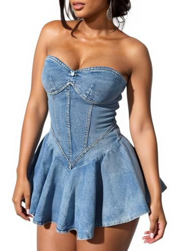 SHINFY Women's Summer Denim Dress Sexy Off Shoulder Strapless Bustier Corset Tube Pleated Mini Jean Dress Blue