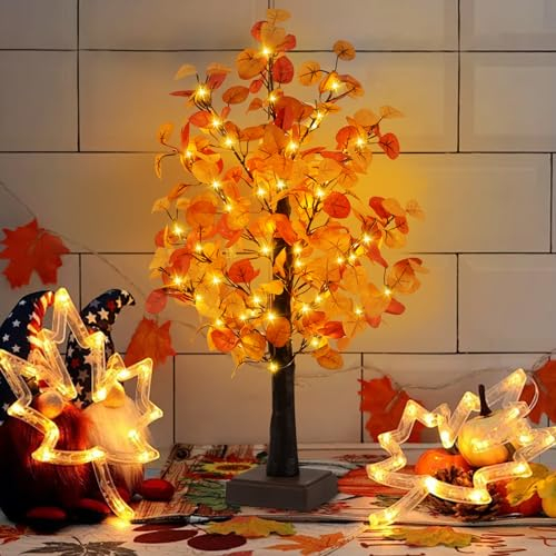 60 cm Höhe Künstlicher Baum mit 264 Eukalyptus Blätter, Lichterbaum Innen mit 50 Warmweißer LEDs Licht und Timer, Batteriebetrieben mit Ladekabel, Tischdekoration für Zuhause, Hochzeit, Erntedank (A)