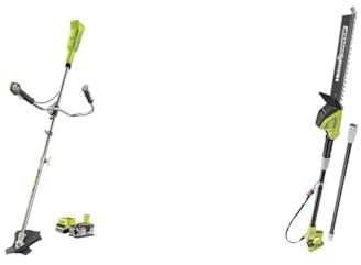 Ryobi - Débroussailleuse 18V - Ø Fil 1 x 1,6 mm - Lame 3 Dents Tri-Arc™ 20 cm - 1 Batterie Lithium+ & Taille-Haie Électrique sur Perche sans Fil à Batterie 18V One+ - Lames 45cm pour Jeunes Haie
