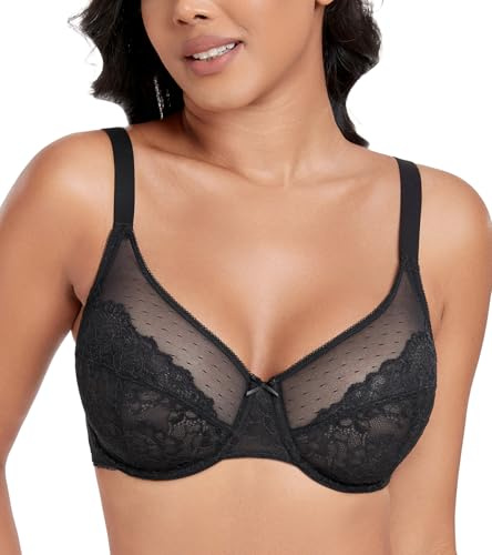 DotVol Women's Unlined Lace Full Coverage Wired Minimizer Bra | Elegant Mesh Lace, Soft Breathable Cup, Lightweight Material, Everyday Bra, Plus Size, No Padding, No Bulk