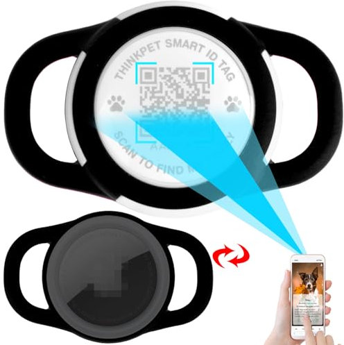 ThinkPet AirTag Hundehalsband mit QR Code Smart Pet ID Tag, Dual-Loop Tracker Halter mit Smart QR Code, Wasserdicht Staubdicht Silent Airtag Halter Small BlacK
