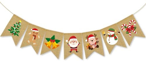 DazzJoy Wimpelkette Weihnachten Banner, Leinen Merry Christmas Girlande mit Weihnachtsmann, Elch, Schneemann, Weihnachten Deko Garland, Weihnachtsbaum Weihnachtsdeko Girlande für Neues Jahr Silvester