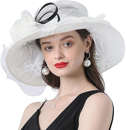 TINAYAUE Damen Organza Hut Eleganter Sommer Sonnenhut Schöner Brauthut breiter Krempe Fischerhut Faltbarer Strandmütze mit Blumen Atmungsaktiver Mesh Cap für Kirche, Hochzeiten, Reisen, Teeparty