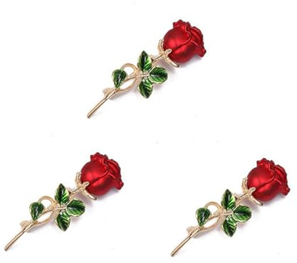 Lot de 3 broches élégantes et élégantes en forme de rose rouge pour vêtements, taille unique, Acier inoxydable