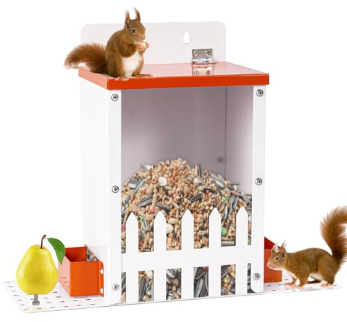 Metall Eichhörnchen Futterspender zum Aufhängen für Draußen | Picknick-Tisch-Bank Design, Baumhaus-Box, Maisbar | Orange für Mini-Chipmunk