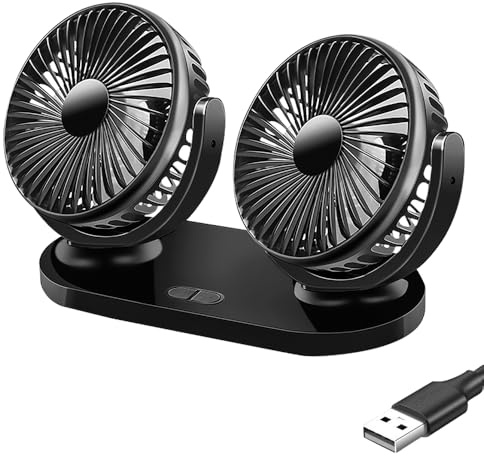 KUWUNG USB Car Fan Double Head, 360° Rotatable USB Auto Fans with 3 Speeds, Portable Car Fans That Blow Cold Air, Dual Head USB Cooling Fan for Cars Truck Camper Home Office