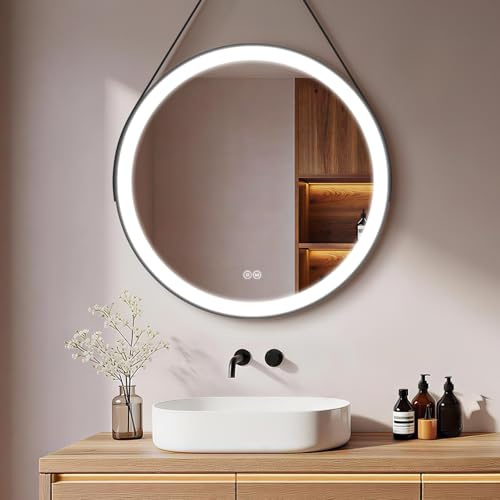 S'AFIELINA Badspiegel mit Beleuchtung rund 60 cm, LED-Badezimmerspiegel mit 3 Lichtfarben dimmbar, runder Spiegel mit Beleuchtung, Speicherfunktion, Wandspiegel mit schwarzem Rahmen, abnehmbares Band