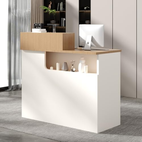 Heliosrider Empfangstheke & Empfangstresen – Theke mit offenen Ablagen, Rezeptionstheke aus Holzwerkstoff für Friseursalon, Beauty Studio, Laden, Supermarkt, Kasse(with Drawer C)