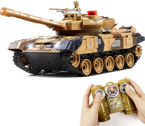 1/24 Remote Control Tank, 2.4Ghz Russian T-90 RC Tank & 330° Turret Rotation， 2× Rechargeable Batteries Army Toys for Boys, Infrared Battle Toy with Lights, Smoke and Sound Effect Gift for 4+ Kids.