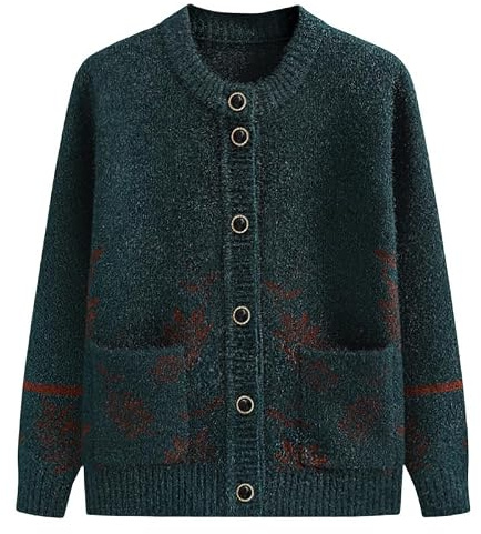 Warmer Pullover für Ältere Frauen, Blauer Jacquard, Senioren, Damen, Weinrebenmuster, Alltags Mantel mit Langen Ärmeln, Pullover, Strickmode, Frühling, Herbst, Oma Strickjacke