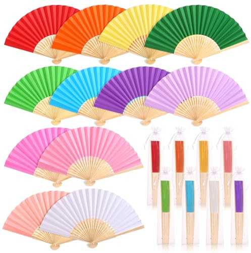 GWHOLE 12 PCS Hand Fan Folding,Paper Fan Handheld with Organza Bags,21cm | Rainbow Bamboo Hand Fan for Bride Guest Wedding Hen Party