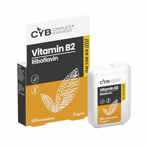 CYB ON THE GO Minitabletten, 100 kleine, leicht verdauliche Tabletten im praktischen Spender – Vitamin B2, Riboflavin 10 mg – Sehkraft, Energie, rote Blutkörperchen, Haut