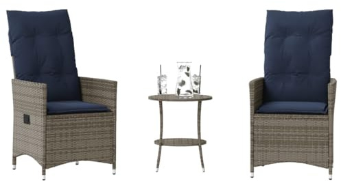 Teenpull 3-teiliges Bistro-Set, Grau Poly Rattan, verstellbare Gartenliege mit Kissen, Outdoor Möbel für Balkon, Terrasse, Garten