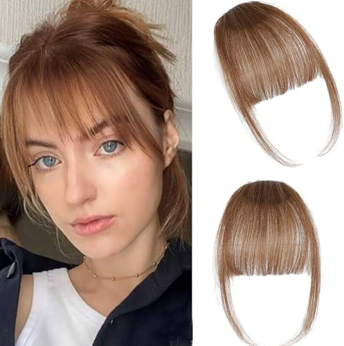 XFSRG Haarschmuck Fringe Pony Haarteil Clip in 3D One Piece Human Hair Clip in Pony Vorne Bang Haarverlängerung Extensions Natürliche Bangs Synthetisches Haarteil mit Schläfen für Frauen