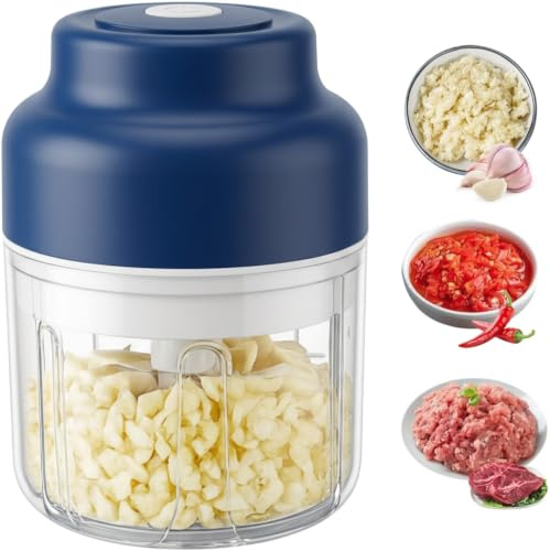 350ml Mini Electric Garlic Chopper, Mini Portable Veggie Chopper USB Charging Wireless Food Processor, Upgrade Electric Mini Garlic Chopper Set Wireless Veggie Grinder -Blue