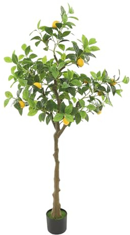 RjcdOPL Plante Artificielle Citronnier 150 cm, Citronnier Artificiel Réaliste en Plastique, Pot Rempli de Ciment, Mousse Verte Réaliste, Entretien Facile, Décoration pour Salon Balcon Bureau