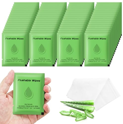 50 Flushable Wipes Travel Size Individually Wrapped for Women and Men | Unscented Wet Wipes Travel Size with Aloe Vera,Pure Water,Alcohol Free for Adult,Women,Men,Girl and Homeless(Green)