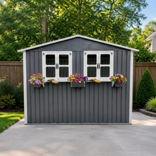 Casetta da giardino in acciaio zincato, 4,33 m², 276 x 182 x 198 cm, casetta degli attrezzi con 2 finestre, doppie ante con serratura, scaffale per fiori, resistente alle intemperie, grigio (grigio