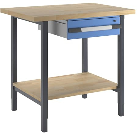 eurokraft | Höhenverstellbare Werkbank | Gestellbauweise | 1 Schublade | 1 Ablageboden | Breite 1000 mm | anthrazit/blau