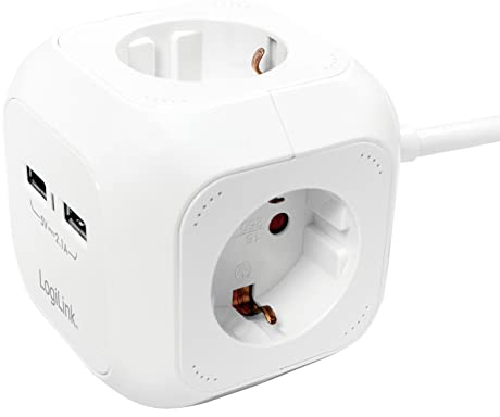 LogiLink LPS227 4+2 (4x Schutzkontakt CEE 7/3, 2x USB) Power Cube Multifunktionssteckdose mit Kindersicherung Weiß