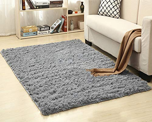 Shaggy Hochflor Langflor Teppich, Wohnzimmer Teppiche Flauschig Bettvorleger Sofa Matte Silber Grau 50cm x 120cm