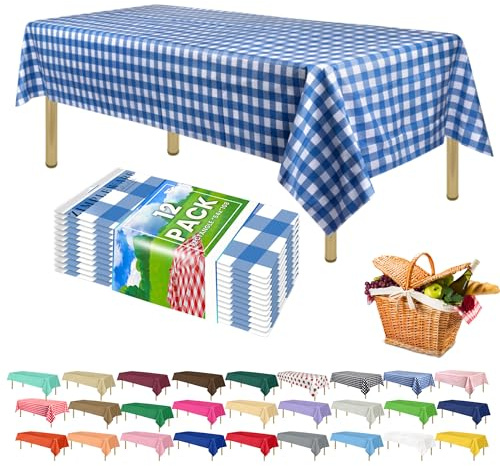 ZIMPLEWARE Premium Blue Gingham Checkered Plastic Table Cloth Disposable (12 Pk) Plastic Tablecloths for Rectangle Tables (54in x 108in) Party Table Cloths Disposable for 6ft to 8ft Rectangle Tables