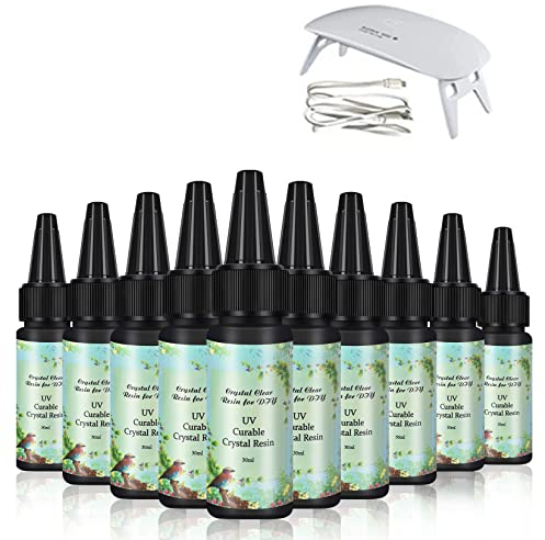 10 piezas de resina epoxi de cristal de 30 ml, pegamento transparente curable UV + lámpara LED UV para bricolaje, artesanía profesional en el hogar, joyería, pendientes, collar, pulsera