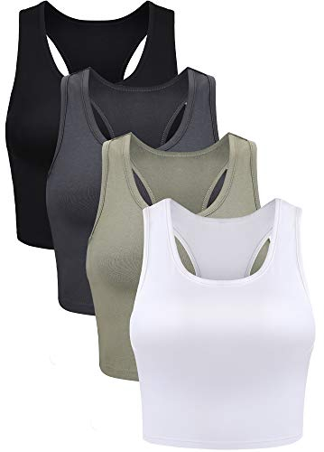 4 Pieces Basic Crop Tank Tops Sleeveless Racerback Crop Sport Cotton Top for Women (Black, White, Grey, Olive Green, S)