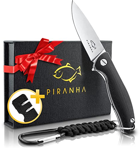 PIRANHA® Couteau de Poche Pliant à Une Main - Couteau Pliant Tactique en Acier D2 - Couteau de Survie Pliant pour l'Extérieur en argent - Outil d'Affûtage - Qualité Contrôlée à Allemagne