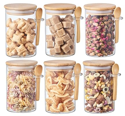 ORNAMI Airtight Glass Pantry Storage Canister Jar with Bamboo Lid & Spoon | BPA-Free, Clear Kitchen Organisation Jar - Set of 6 (0.5L, Round)