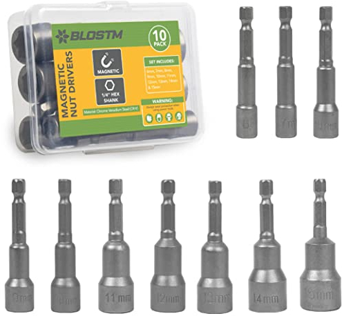 BLOSTM 6-15mm Magnetic Nut Driver Set - 10pcs Nut Setter Driver Bit Set Metric Made from Robust Chrome Vanadium Steel with 1/4 inch Quick Change Hex Shank - 10 Piece Nut Driver Bit Set