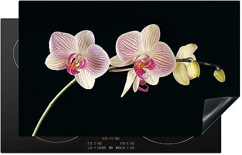 MuchoWow Herdabdeckplatte Ceranfeld Spritzschutz Küche Orchidee - Blumen - Schwarz - Rosa - Knöpfe 85x52 cm Induktionsherd Abdeckung Induktionskochfeld Ceranfeldabdeckung