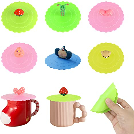 JOPHEK Lot de 6 Couvercle De Tasse De Silicone, Réutilisables Boisson Couvre Tasse, Anti-Poussière Couvercle de Mug pour Café Chope de Bière Verres à Boire Maison à l'Extérieur