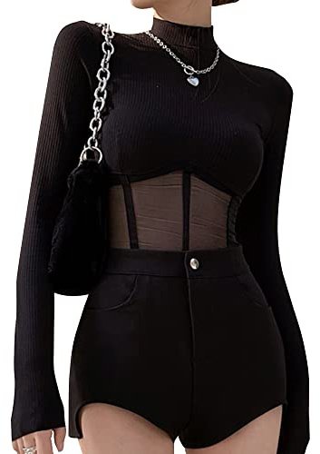 QKEPCY Donna Maglietta a Maniche Lunghe Crop Top Basic Top Trasparente Camicia Mesh Tops Sexy Manica Lunga Maglietta Trasparente Blusa Tops Slim Fit T Shirt in Tulle